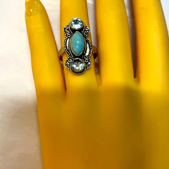 STERLING SILVER RING LARIMAR 2 AQUAMARINE STONES 6 1/2 STAMP .925 1 1/2” VINTAGE - Picture 2 of 4